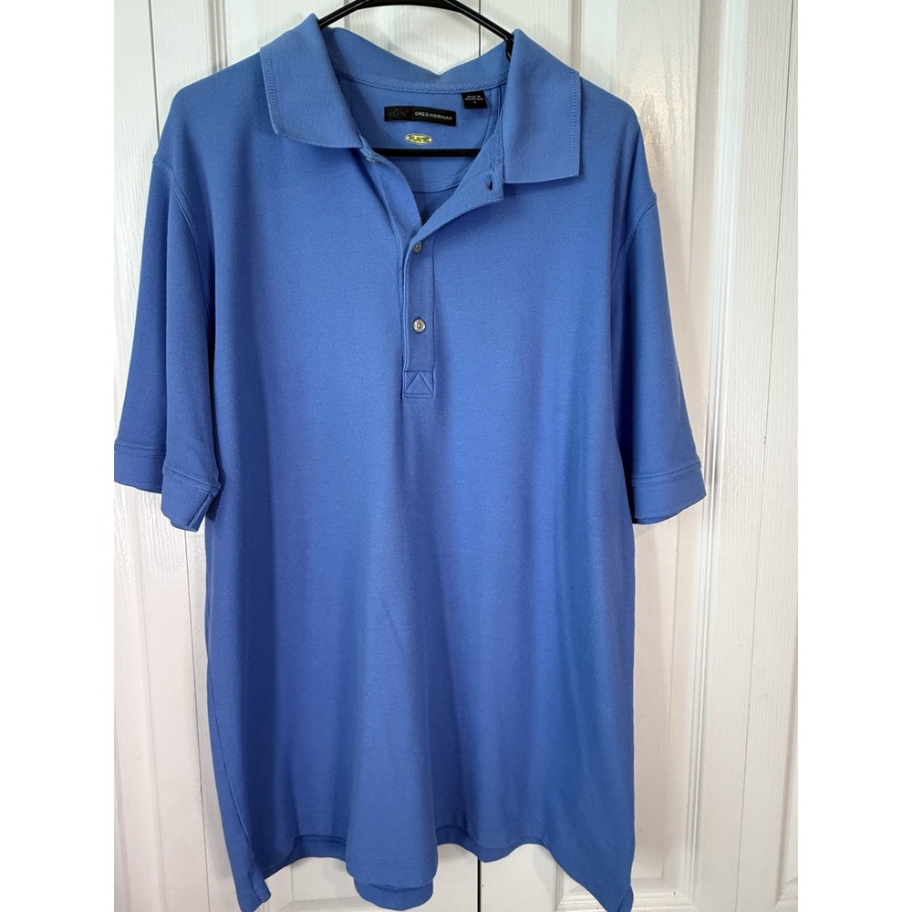 Greg Norman Play Dry Polo Shirt Blue Samsung Logo Golf‎ Casual Mens Size L